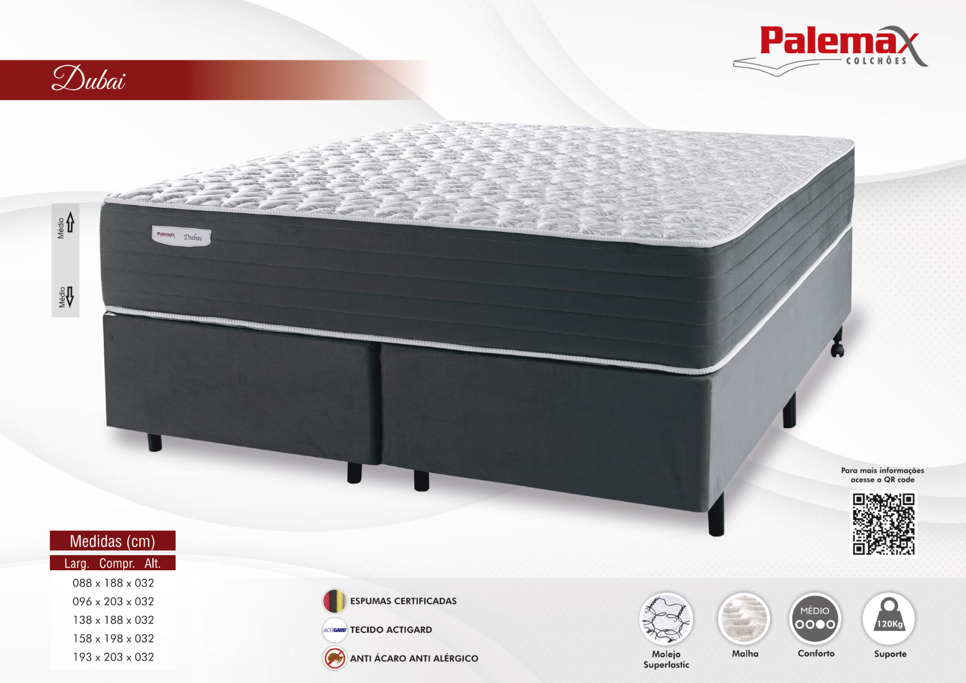 Colchão Dubai Palemax — Molejo Superlastic • Médio • Ortopédico